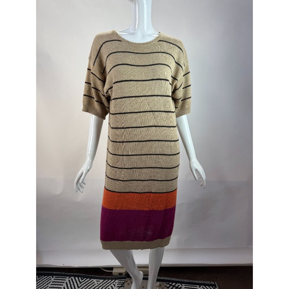 Jones New York Vintage 90s Striped Knit Sweater Dress Beige/Black W/ Orange & Pu